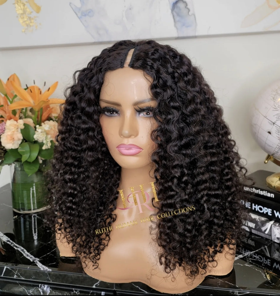 100% Human Hair MInimal leave out V part wig deep curly