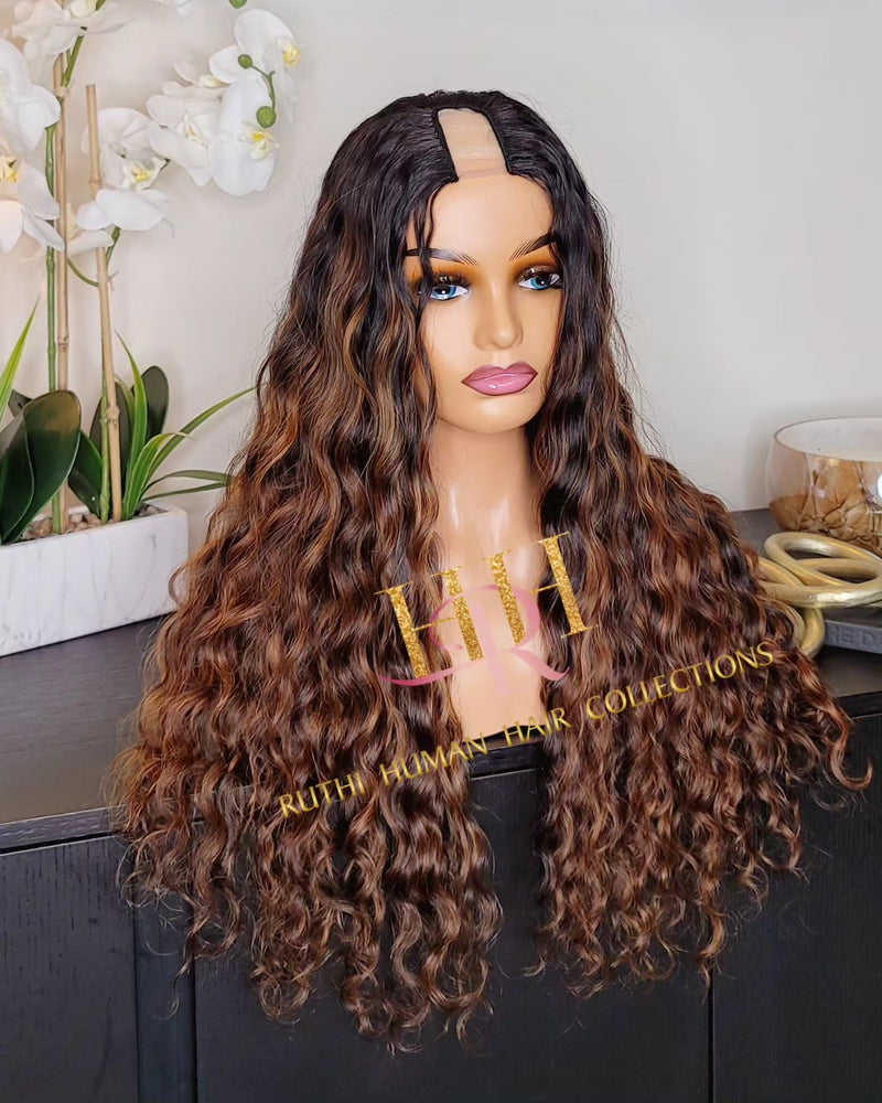 100% Human hair U part wig  loose wave colored.