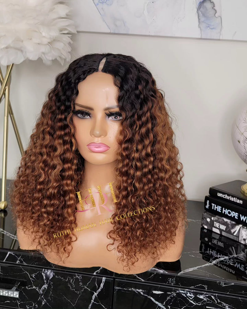 100% Human hair V part wig  kinkiy curly highlight colored.