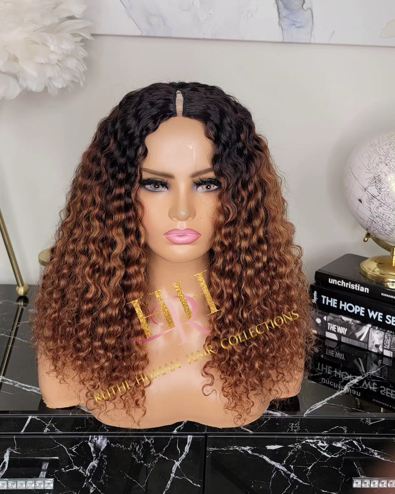 100% Human hair V part wig  kinkiy curly highlight colored.