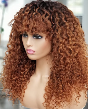 100% Humanhair wig Deep curly Bang cut/ Blonde