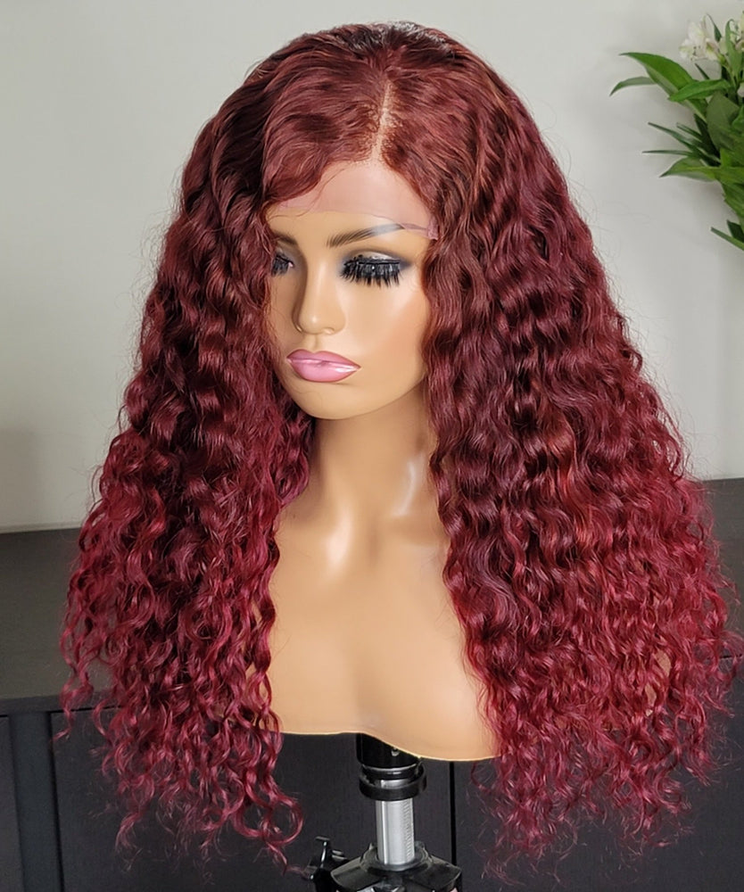 100% Humanhair lace closure wig custom colored Burgundy natural curly