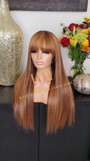 100% Human hair  blonde hightlighted bang wig straight custom colored