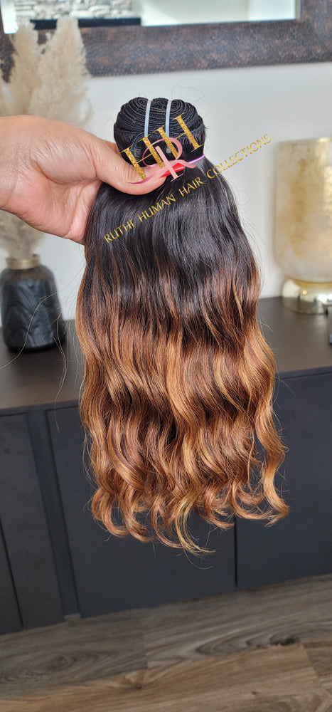 100% Raw Human hair cuticle intact Bundles, wavy Ombre colored