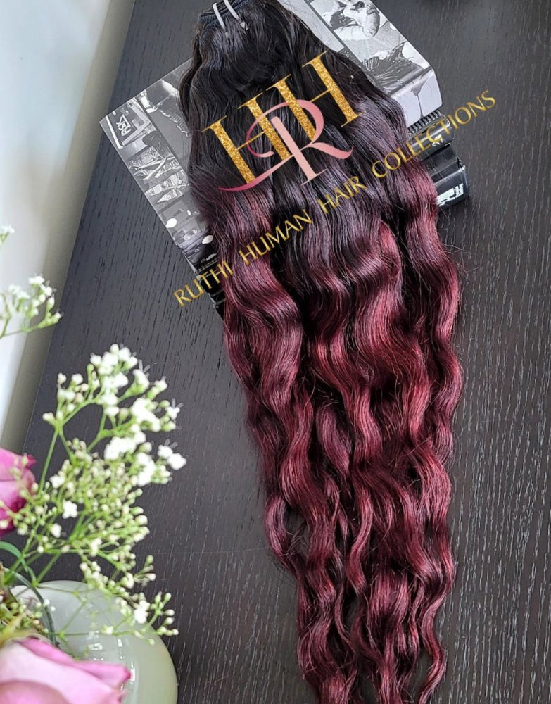 100% Raw Human hair cuticle intact Bundles, wavy Burgundy Ombre colored wavy