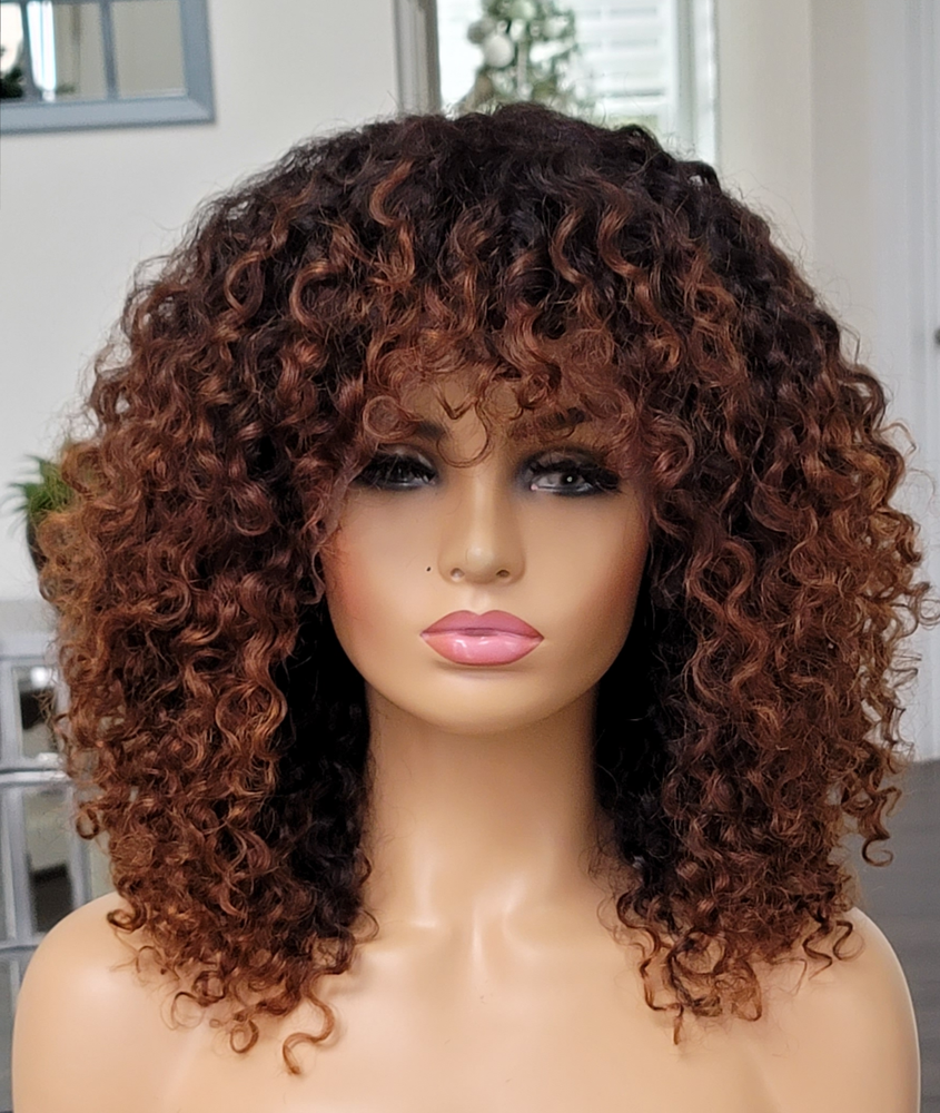100% Humanhair wig Deep curly Bang cut/ Blonde
