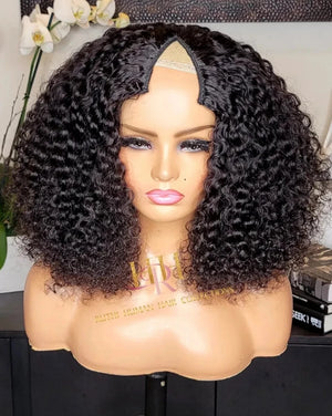 100% Human Hair MInimal leave out V part wig deep curly