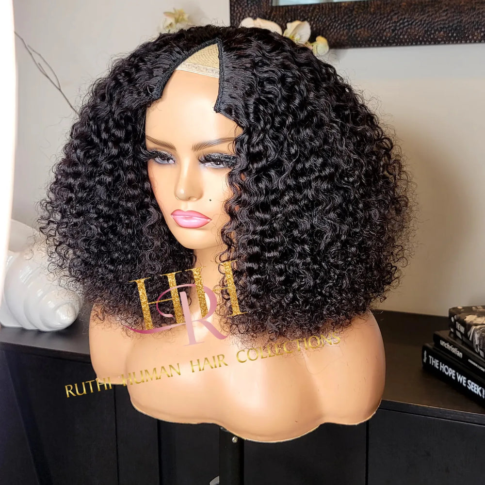 100% Human Hair MInimal leave out V part wig deep curly