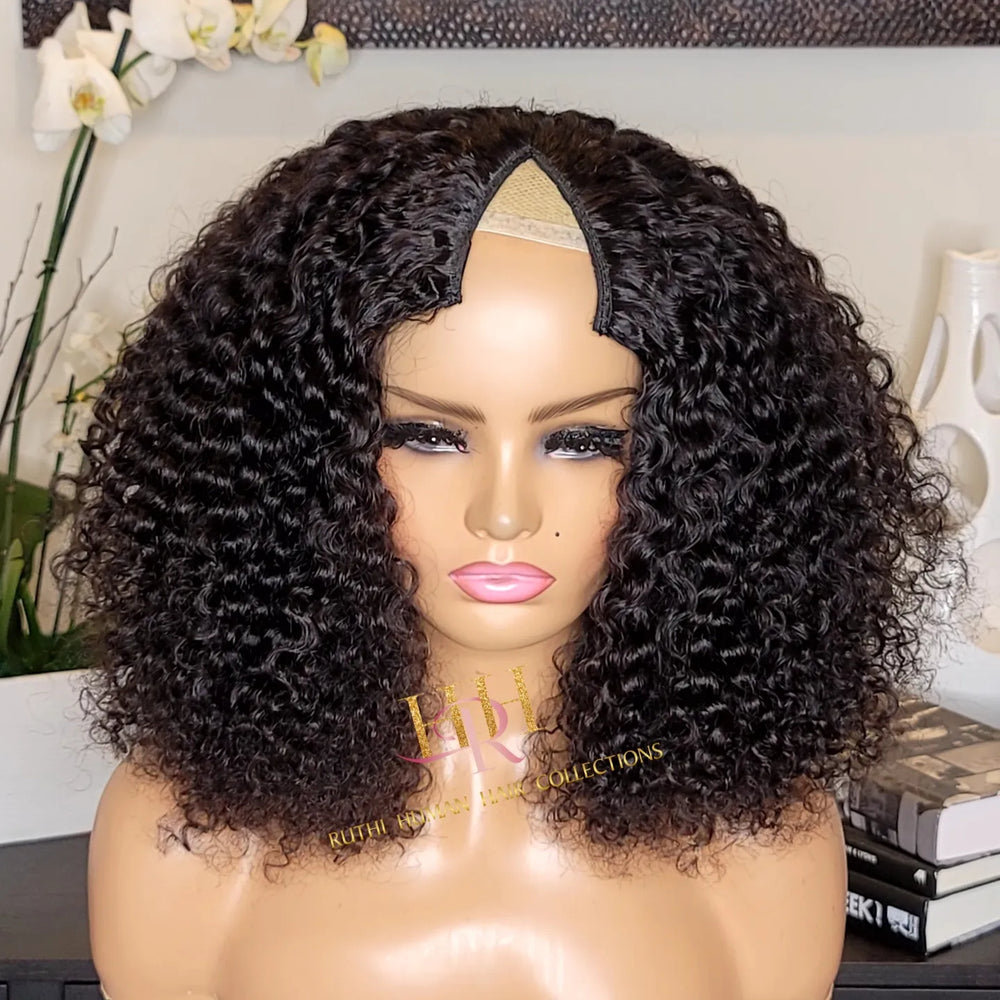 100% Human Hair MInimal leave out V part wig deep curly