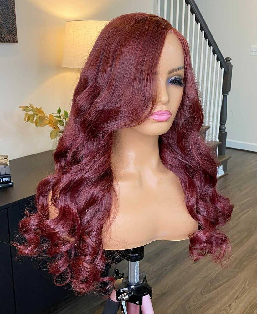 100% Humanhair lace frontal body wave wig custom colored Burgundy