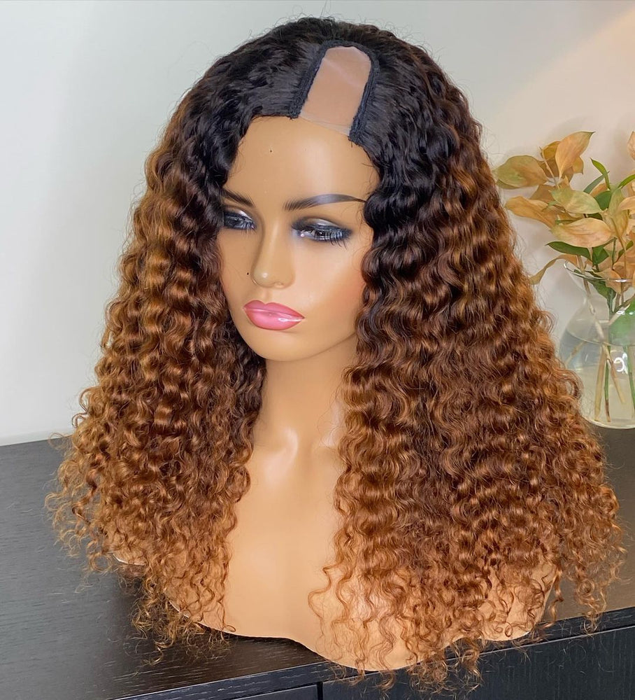 100 Human hair U part wig kinkiy curly highlight colored